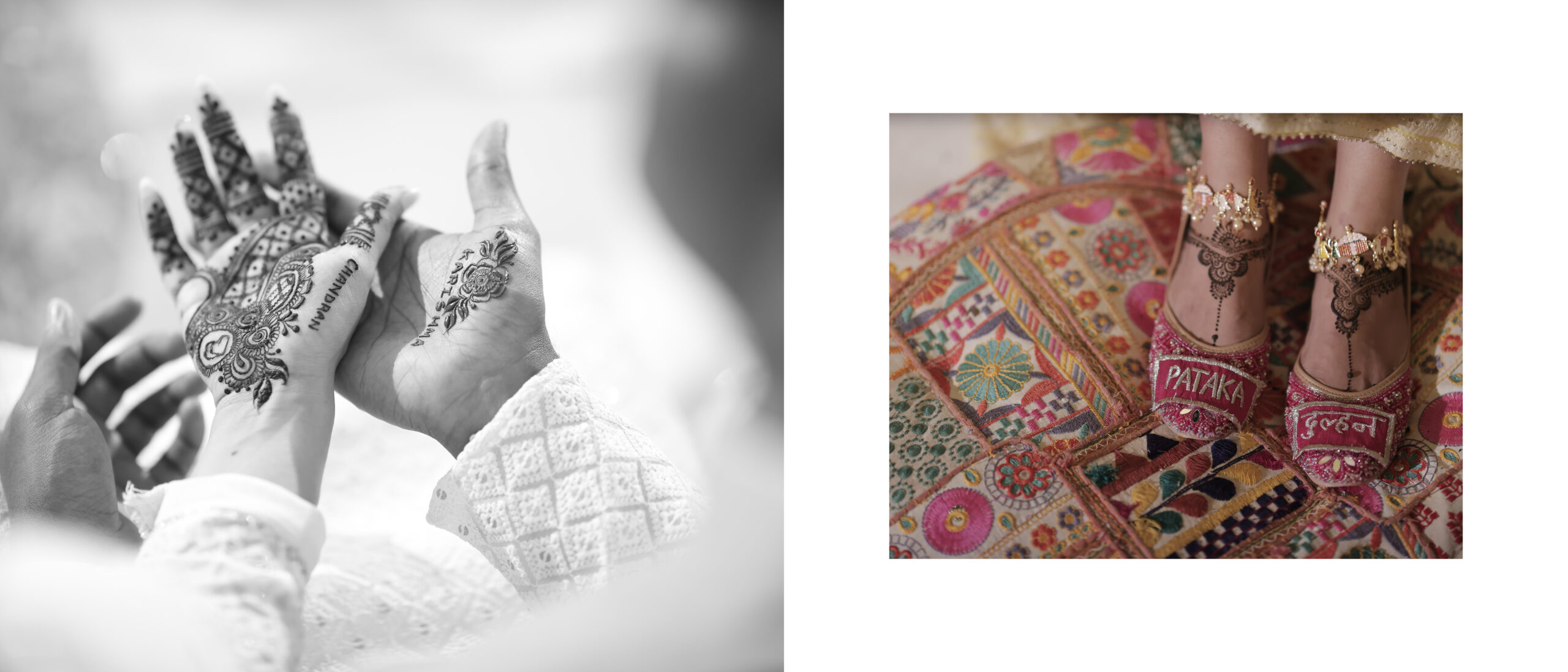 mehandi on hand of a bride and bride's special footwear